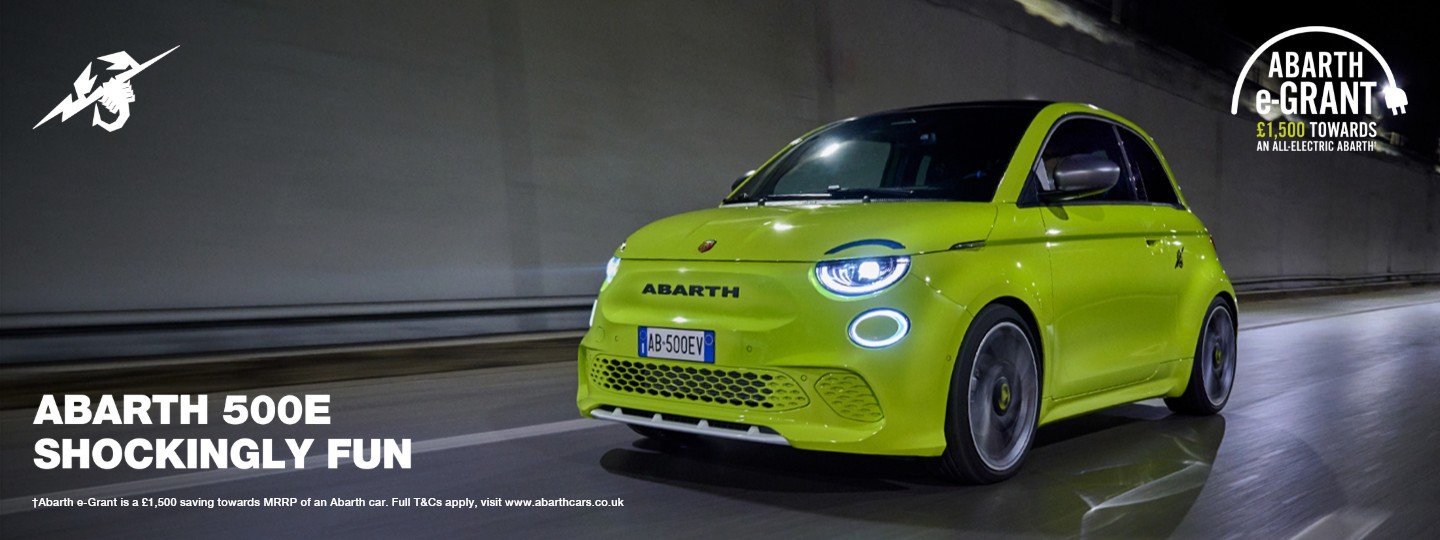 Bright green Abarth 500E car driving, text overlay Abarth 500E Shockingly Fun.
