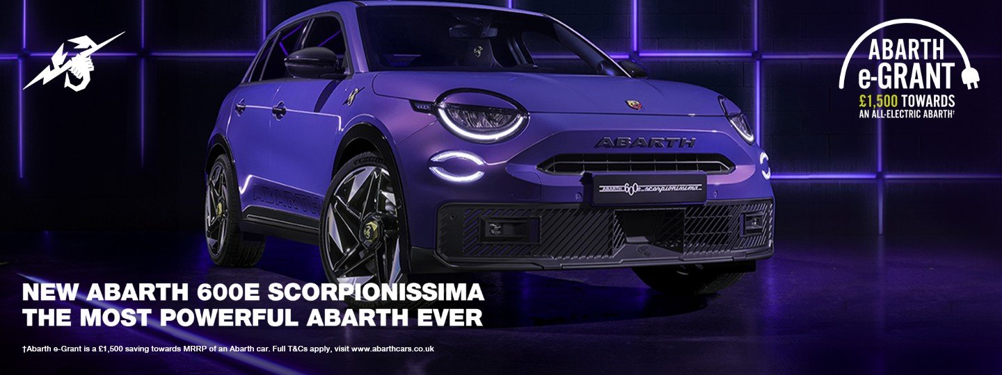 Purple Abarth 600e Scorpionissima electric car front view with promotional text.