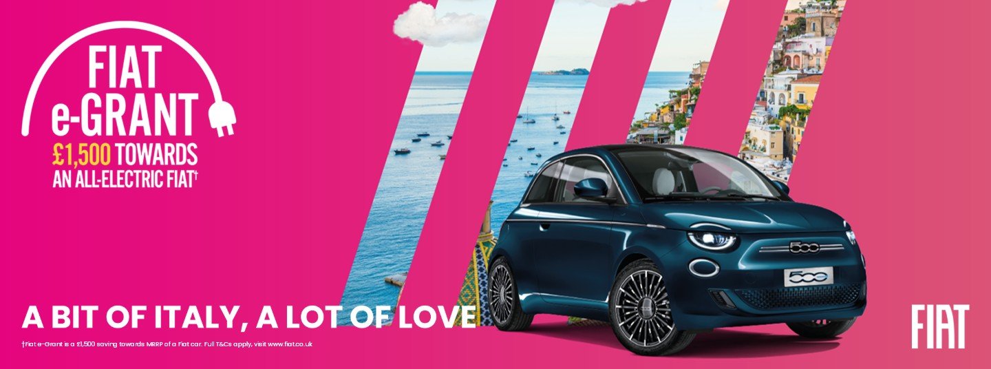 Fiat advertisement featuring e-Grant and an all-electric car with coastal scenery.
