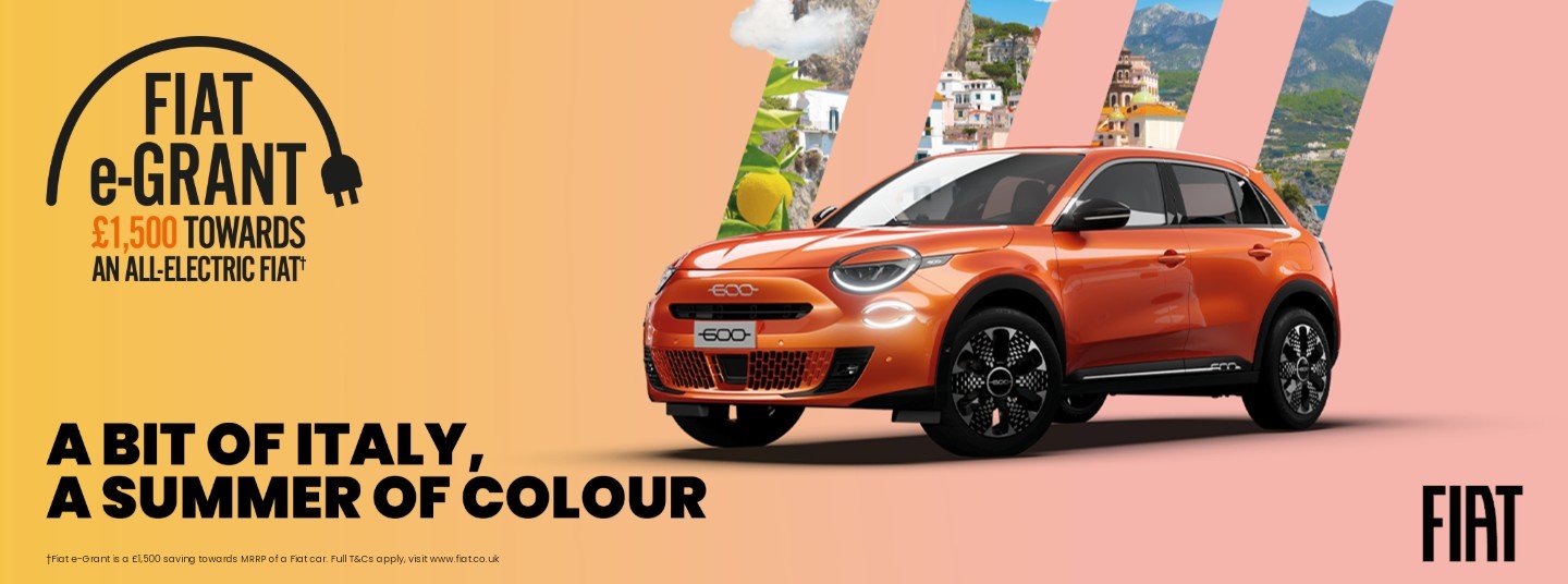 Orange Fiat car with e-Grant offer text and Italian-themed elements.